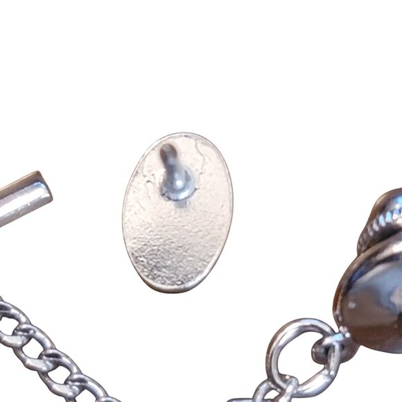 Vintage Oval Silver-Tone Tie Tack Chain Bar & Clutch Starburst like cuts edges - Picture 5 of 5